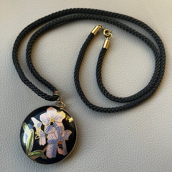 Unbranded Jewelry - Cloisonne Flower Reversible Round Pendant Necklace Black Enamel Braided Cord